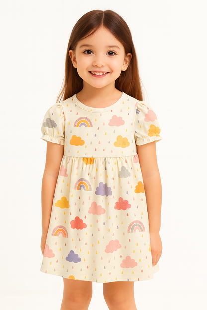 Pastel Rainbow & Cloud Print A-Line Dress for Baby Girls