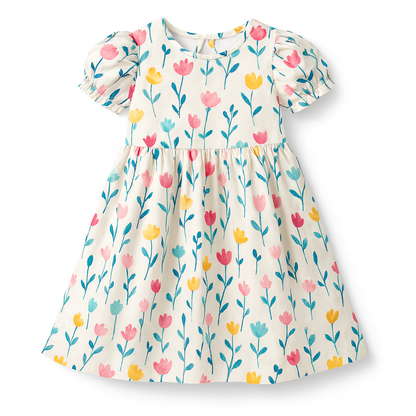 Pastel Tulip Floral Print A-Line Dress for Baby Girls