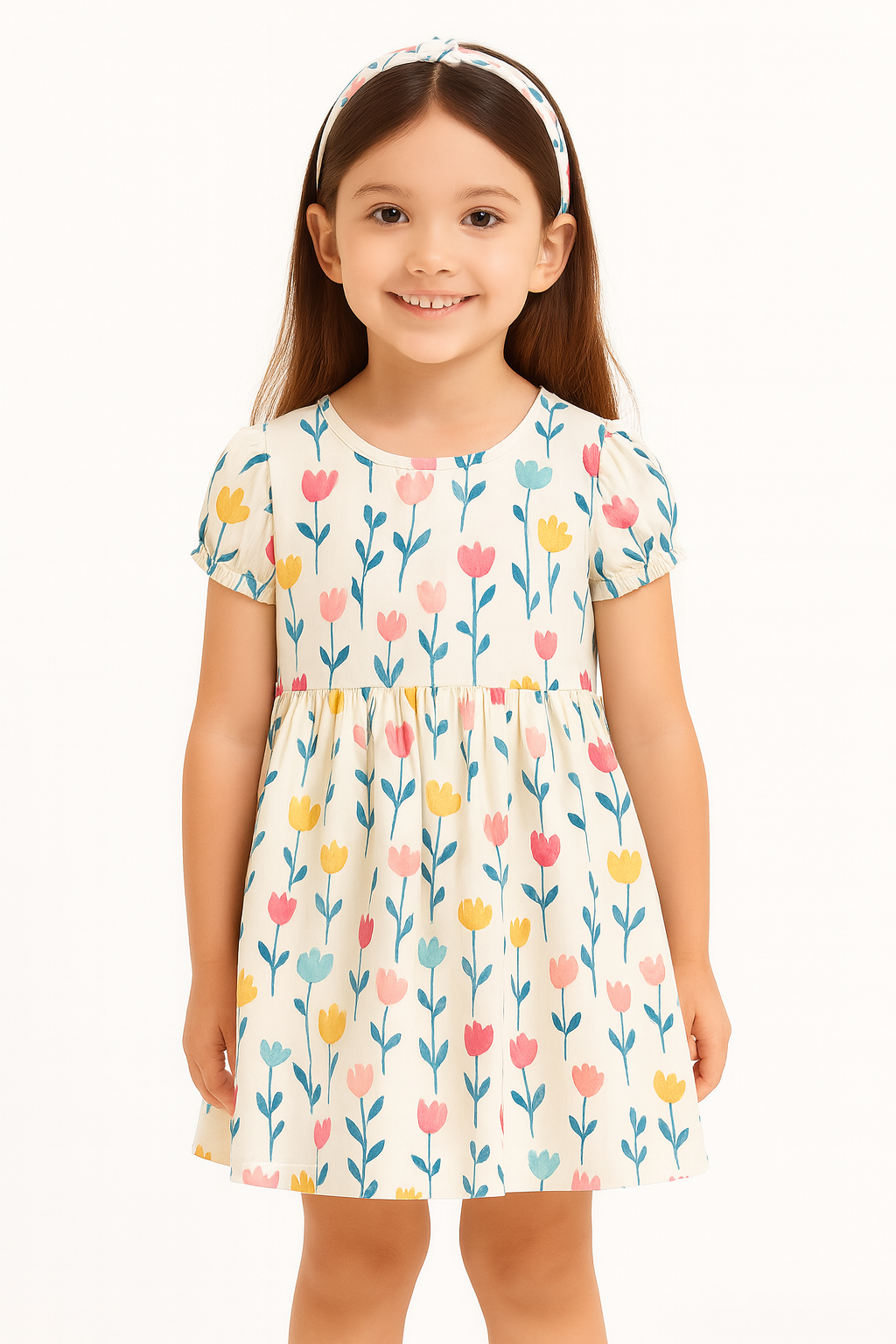 Pastel Tulip Floral Print A-Line Dress for Baby Girls