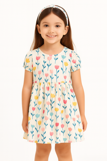 Pastel Tulip Floral Print A-Line Dress for Baby Girls