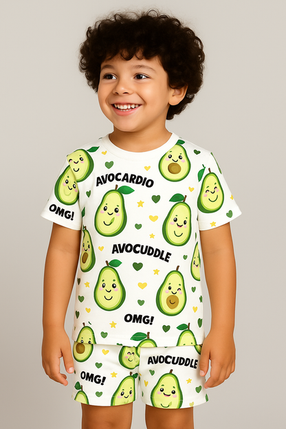 Kids Avocado Print T-Shirt & Shorts Co-ord Set – Soft Looper Polycotton Summer Outfit