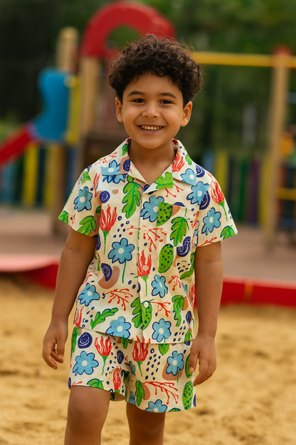 Kids Tropical Floral Print Shirt & Shorts Co-ord Set – Soft Looper Polycotton Summer Outfit