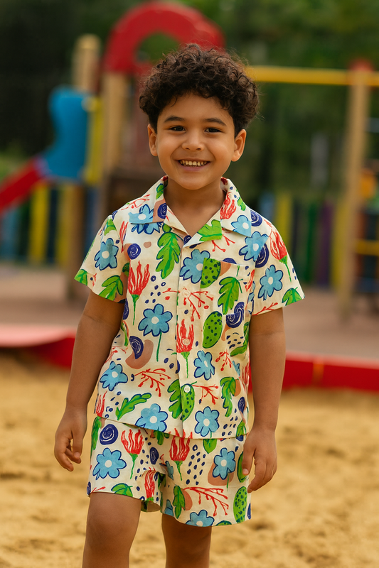 Kids Tropical Floral Print Shirt & Shorts Co-ord Set – Soft Looper Polycotton Summer Outfit