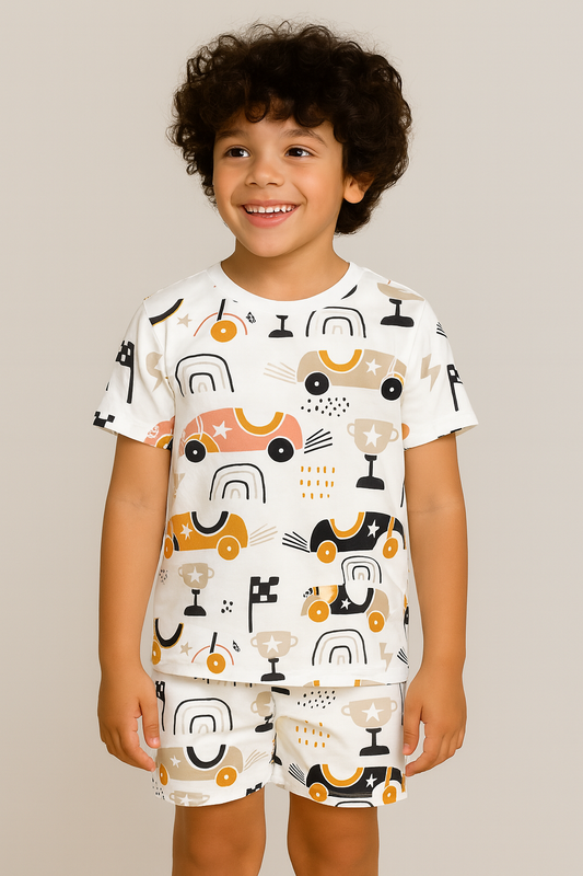 Kids Race Car Print T-Shirt & Shorts Co-ord Set – Soft Looper Polycotton Summer Outfit