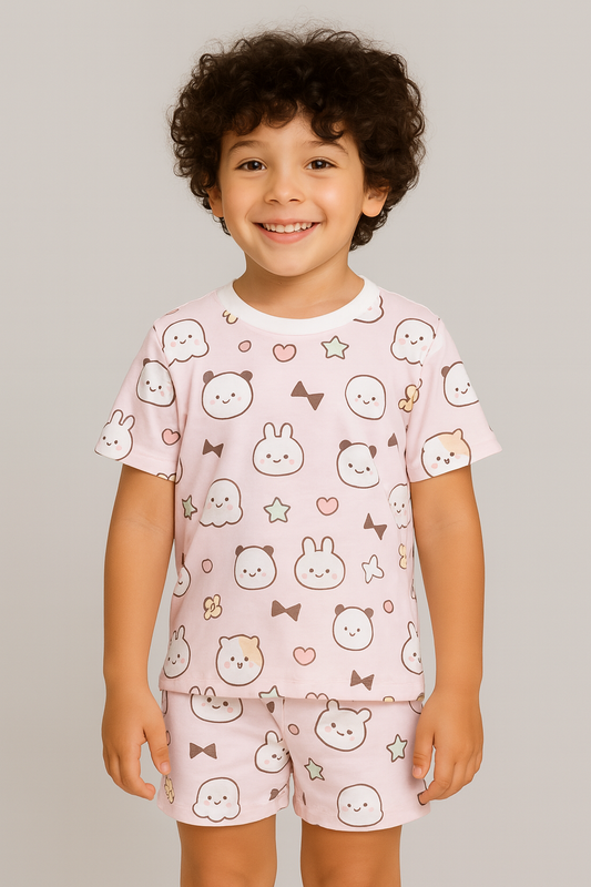Kids Bunny & Panda Cartoon Print T-Shirt & Shorts Co-ord Set – Soft Looper Polycotton Nightwear / Summer Outfit