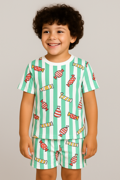 Kids Candy Print T-Shirt & Shorts Co-ord Set – Soft Looper Polycotton Summer Outfit