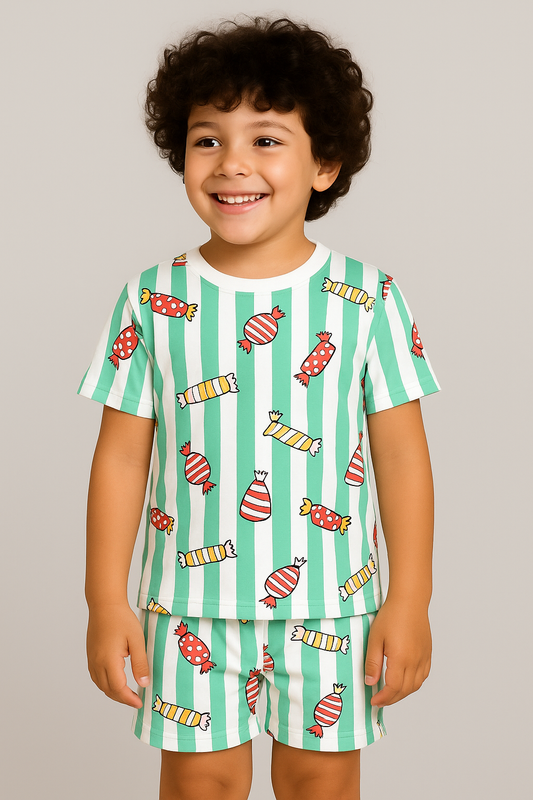 Kids Candy Print T-Shirt & Shorts Co-ord Set – Soft Looper Polycotton Summer Outfit