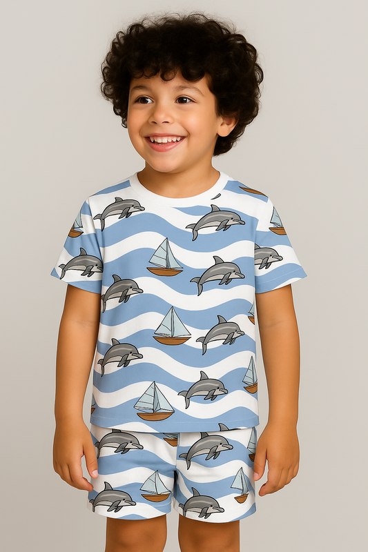 Kids Dolphin & Sailboat Print T-Shirt & Shorts Co-ord Set – Soft Looper Polycotton Summer Outfit
