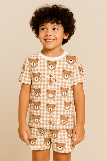 Kids Teddy Bear print set, kids co-ord summer outfit, polycotton kids nightwear, boys & girls teddy set, cute kids clothing, kids shorts and t-shirt set