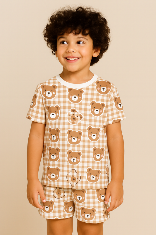 Kids Teddy Bear print set, kids co-ord summer outfit, polycotton kids nightwear, boys & girls teddy set, cute kids clothing, kids shorts and t-shirt set