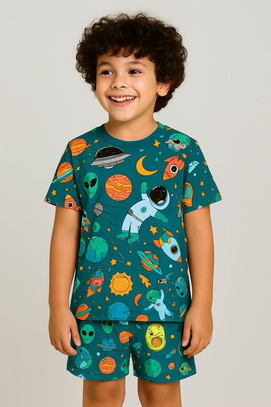 Kids Space & Astronaut Print T-Shirt & Shorts Co-ord Set – Soft Looper Polycotton Summer Outfit