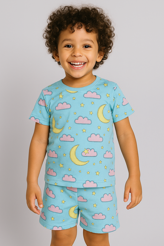 Kids Moon & Clouds Print T-Shirt & Shorts Co-ord Set – Soft Looper Polycotton Nightwear / Loungewear
