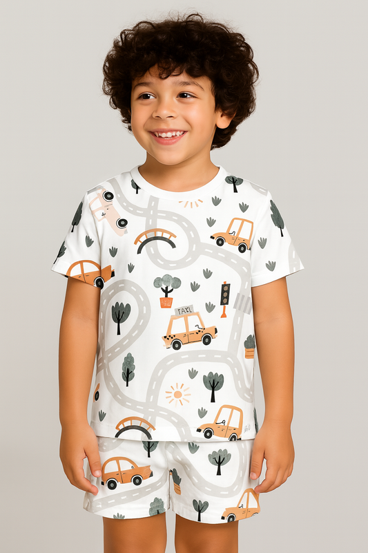 Kids Taxi & Road Map Print T-Shirt & Shorts Co-ord Set – Soft Looper Polycotton Summer Outfit