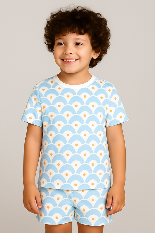 Kids Blue Wave Print Half Sleeve T-Shirt & Shorts Co-ord Set – Soft Cotton Summer Wear