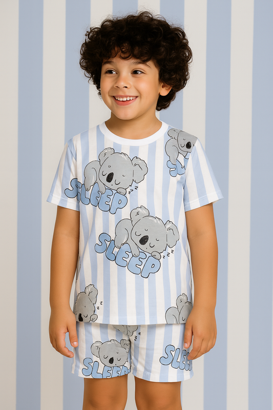 Kids Koala Sleep Print T-Shirt & Shorts Co-ord Set – Soft Looper Polycotton Nightwear / Summer Outfit
