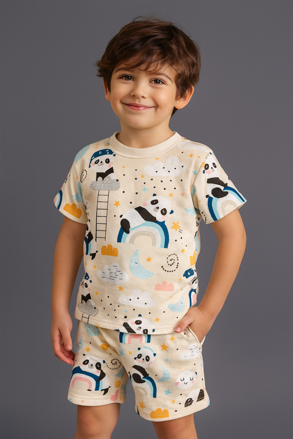 Kids Panda Print Half Sleeve T-Shirt & Shorts Co-ord Set – Soft Cotton Nightwear / Lounge Wear