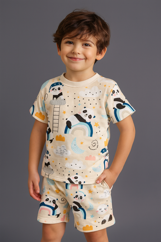 Kids Panda Print Half Sleeve T-Shirt & Shorts Co-ord Set – Soft Cotton Nightwear / Lounge Wear