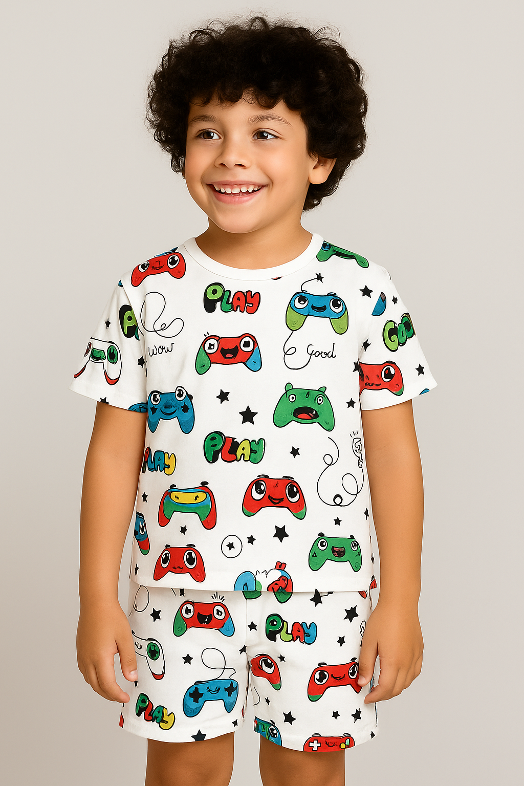 Kids Video Game Controller Print T-Shirt & Shorts Co-ord Set – Soft Looper Polycotton Summer Outfit