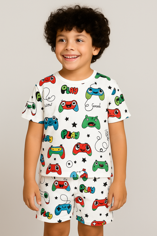 Kids Video Game Controller Print T-Shirt & Shorts Co-ord Set – Soft Looper Polycotton Summer Outfit