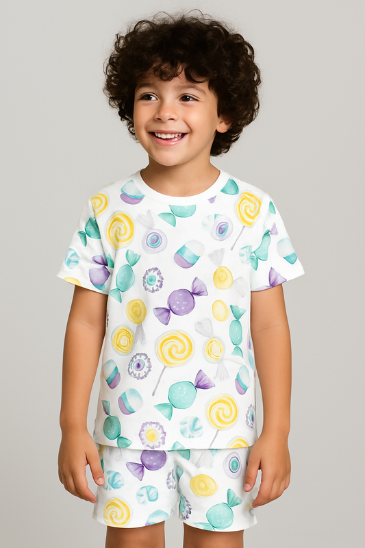 Kids Lollipop Candy Print T-Shirt & Shorts Co-ord Set – Soft Looper Polycotton Summer Outfit
