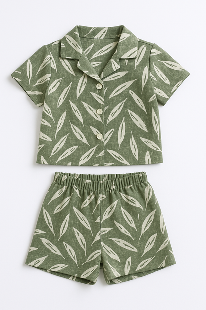 Leafy Breeze Girls Summer Co-Ord Set (Shirt & Shorts)