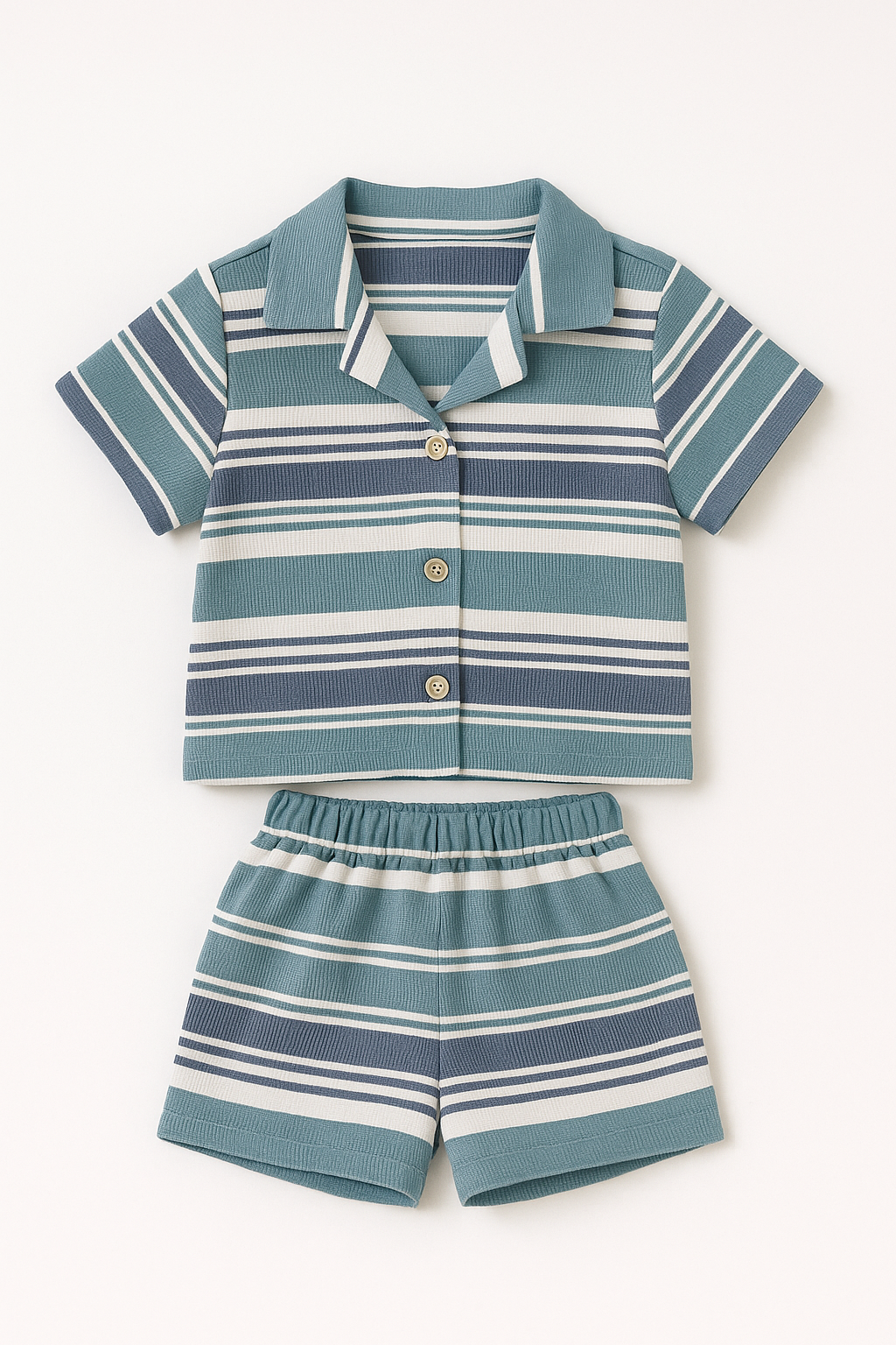 Boys Premium Striped Cotton Co-Ord Set (Shirt & Shorts) – Green & Blue