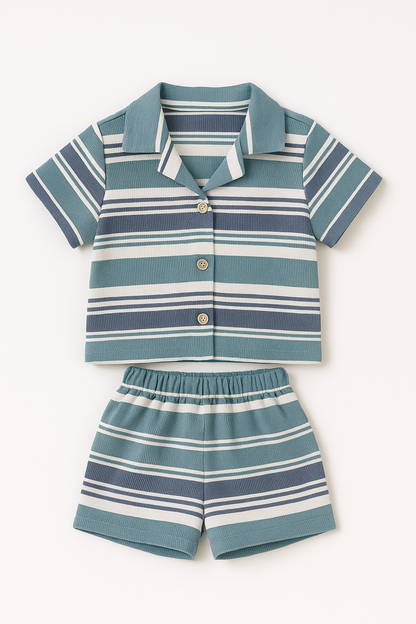 Boys Premium Striped Cotton Co-Ord Set (Shirt & Shorts) – Green & Blue