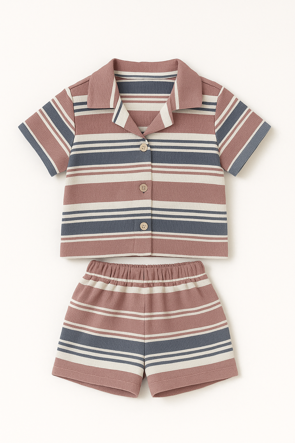 Boys Premium Striped Cotton Co-Ord Set (Shirt & Shorts) – Green & Blue