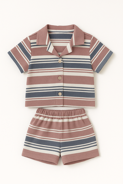 Boys Premium Striped Cotton Co-Ord Set (Shirt & Shorts) – Green & Blue