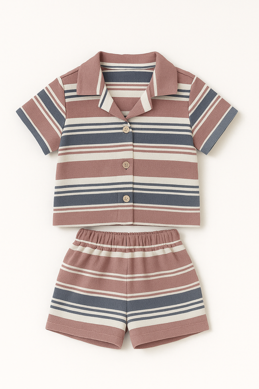Boys Premium Striped Cotton Co-Ord Set (Shirt & Shorts) – Green & Blue