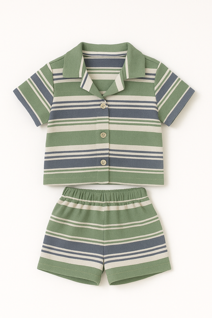 Boys Premium Striped Cotton Co-Ord Set (Shirt & Shorts) – Green & Blue