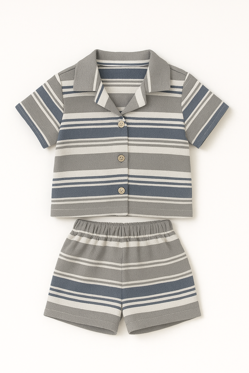 Boys Premium Striped Cotton Co-Ord Set (Shirt & Shorts) – Green & Blue