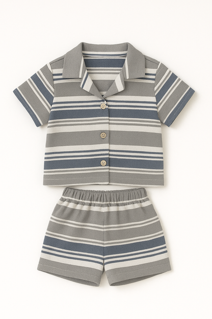 Boys Premium Striped Cotton Co-Ord Set (Shirt & Shorts) – Green & Blue