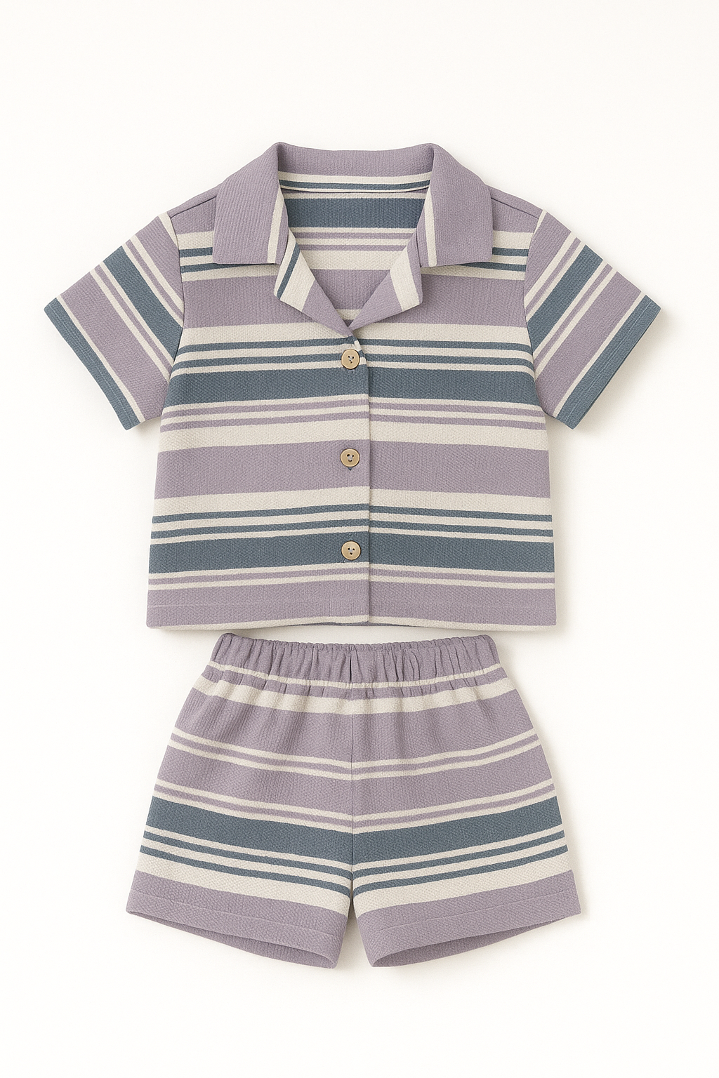 Boys Premium Striped Cotton Co-Ord Set (Shirt & Shorts) – Green & Blue