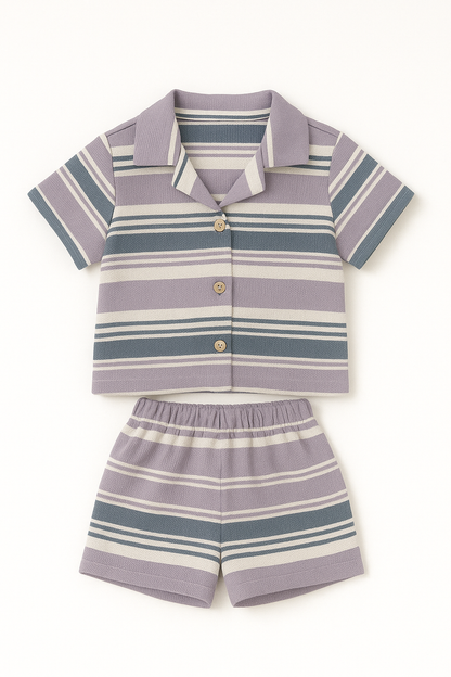 Boys Premium Striped Cotton Co-Ord Set (Shirt & Shorts) – Green & Blue