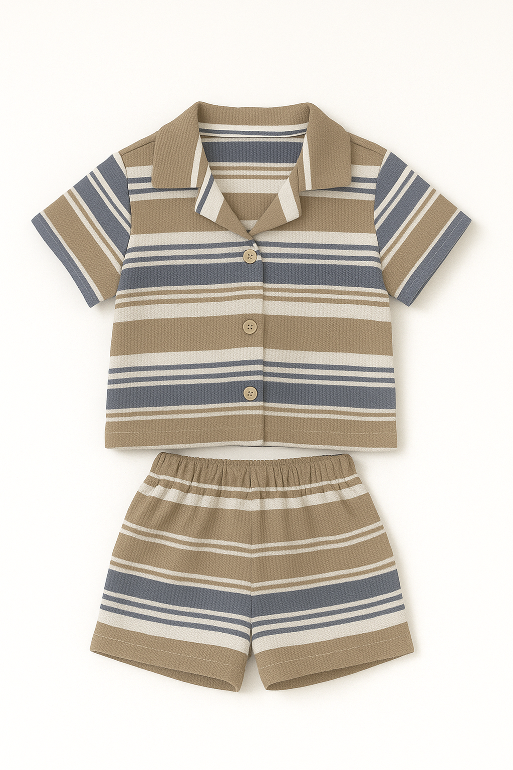 Boys Premium Striped Cotton Co-Ord Set (Shirt & Shorts) – Green & Blue