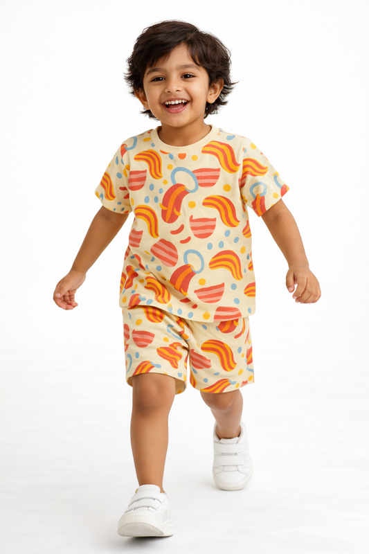 Kids Rainbow Abstract Print T-Shirt & Shorts Co-ord Set – Soft Looper Polycotton Summer Outfit