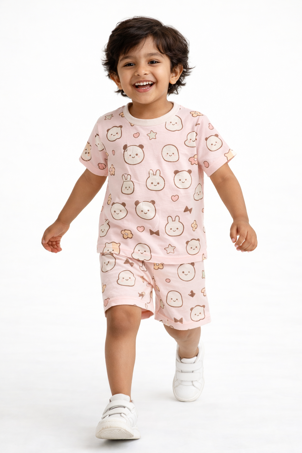 Kids Bunny & Panda Cartoon Print T-Shirt & Shorts Co-ord Set – Soft Looper Polycotton Nightwear / Summer Outfit