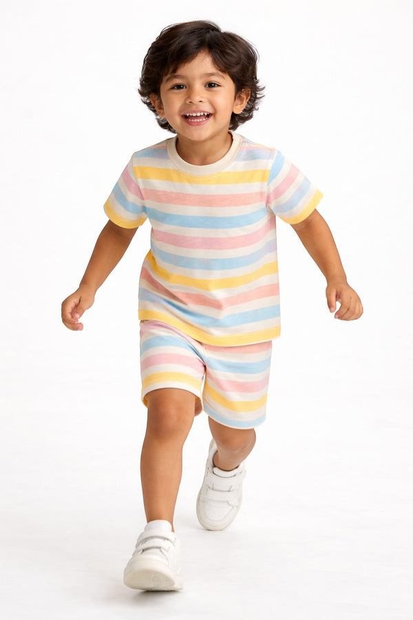 Horcun Clothing Brand pastel striped cotton jersey t-shirt and shorts set for toddlers. Soft, breathable, ideal for summer.
