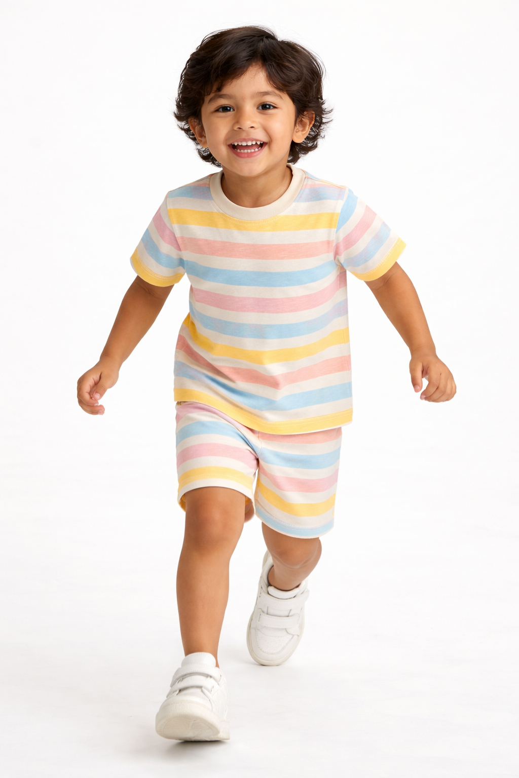 Kids Pastel Rainbow Stripe T-Shirt & Shorts Co-ord Set – Soft Looper Polyester Loungewear