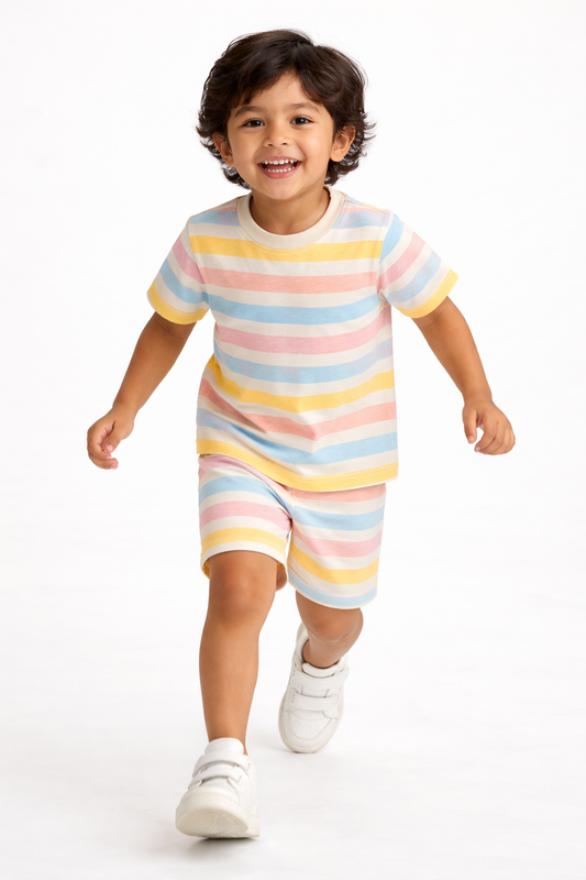 Kids Pastel Rainbow Stripe T-Shirt & Shorts Co-ord Set – Soft Looper Polyester Loungewear