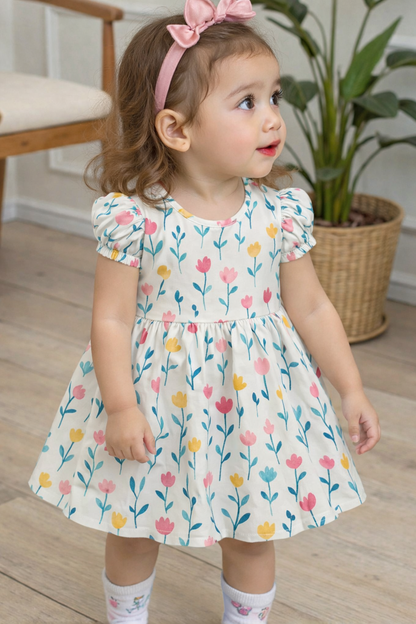 Pastel Tulip Floral Print A-Line Dress for Baby Girls