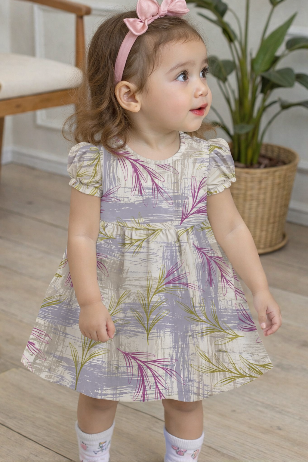 Abstract Brush & Leaf Print A-Line Dress for Baby Girls