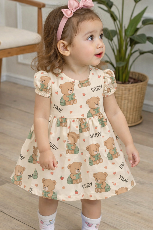 Cute Study Bear Print A-Line Dress for Baby Girls