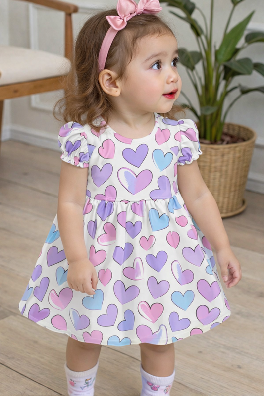 Pastel Heart Print A-Line Dress for Baby Girls