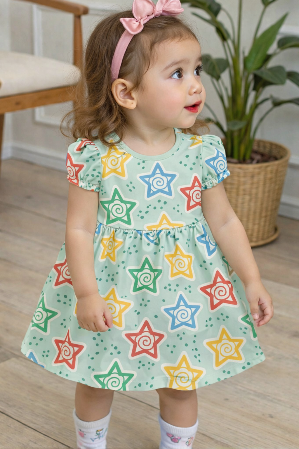 Multicolor Spiral Star Print A-Line Dress for Baby Girls