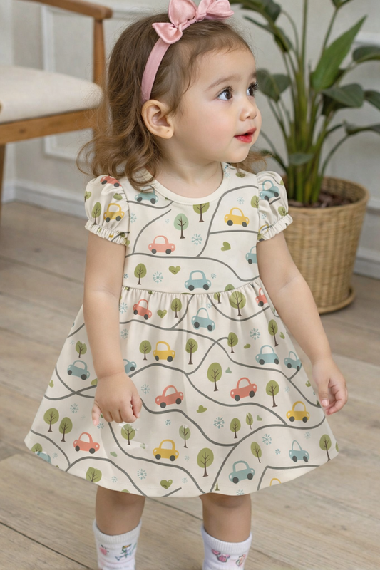 Cute Car & Road Map Print A-Line Dress for Baby Girls