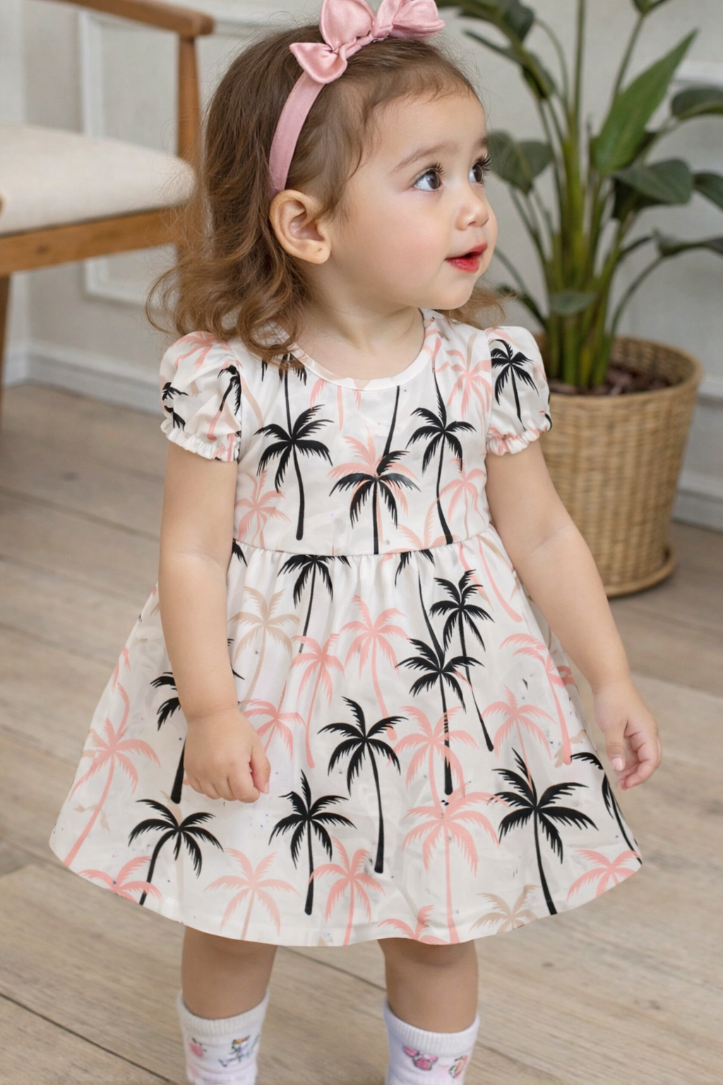 Tropical Palm Tree Print A-Line Dress for Baby Girls