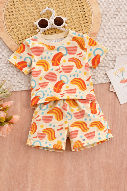 Kids Rainbow Abstract Print T-Shirt & Shorts Co-ord Set – Soft Looper Polycotton Summer Outfit