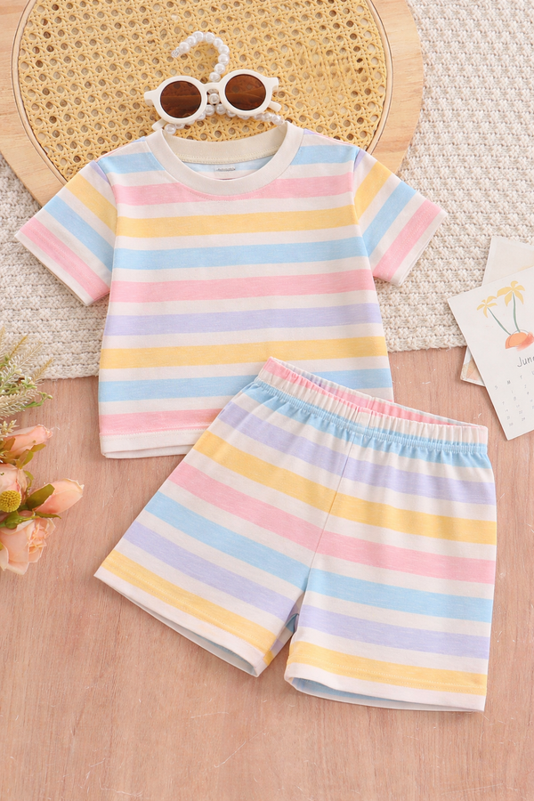 Kids Pastel Rainbow Stripe T-Shirt & Shorts Co-ord Set – Soft Looper Polyester Loungewear